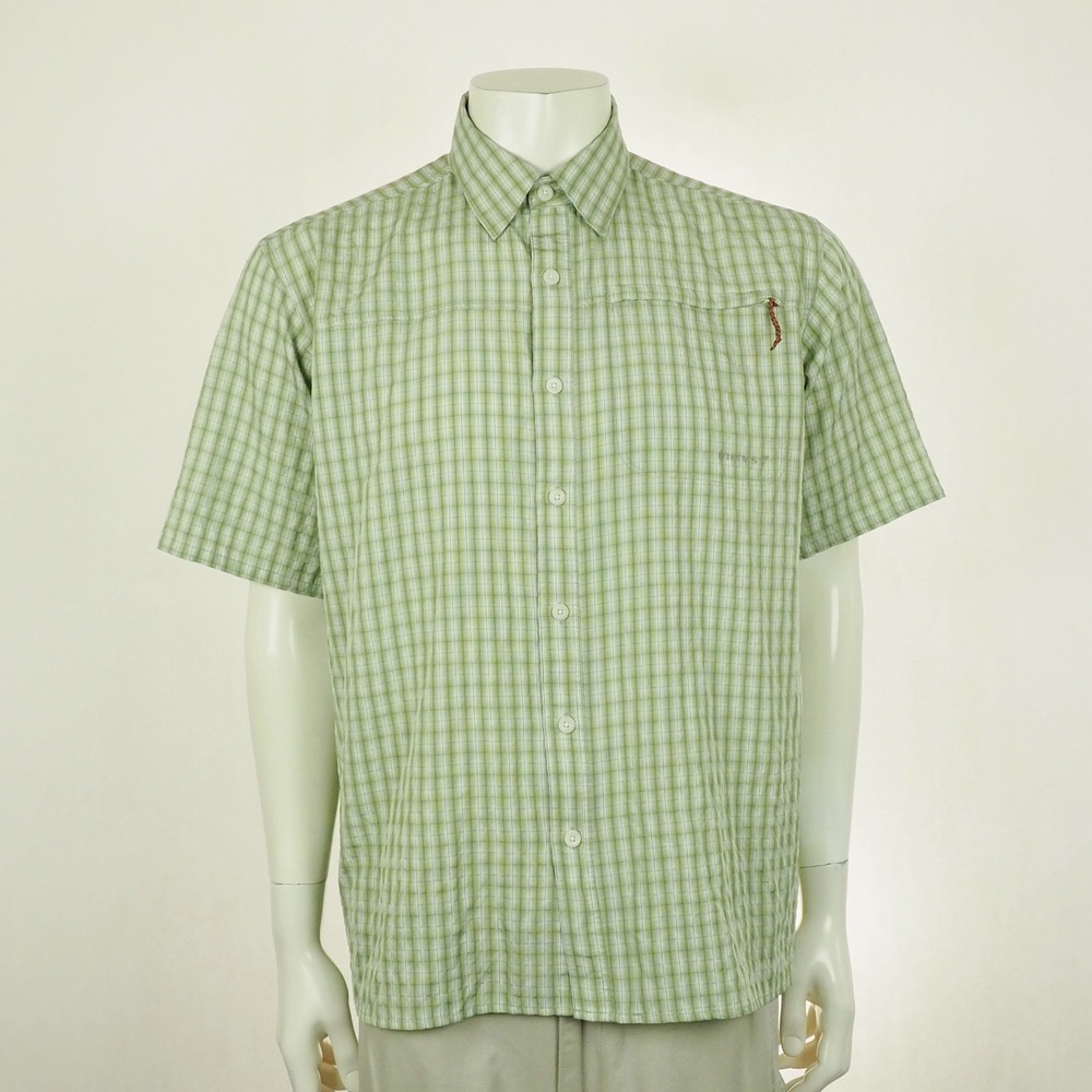 Simms Cor3 Vented Fishing Button Down Shirt Mens Large Green Plaid Vented Tech